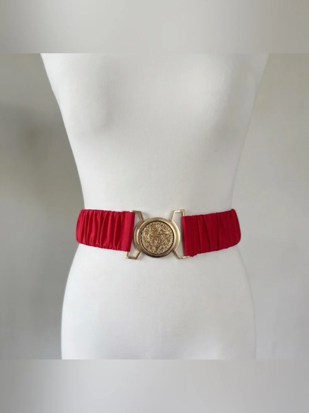 Vintage (80s) Red Elastic Waist Belt with Decorative Gold Medallion
